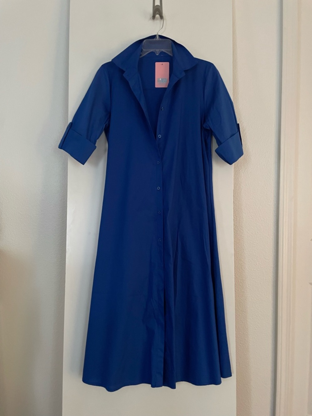 Italian Cotton Button Down Shirt Dress Short Sleeve Royal Blue NWT!